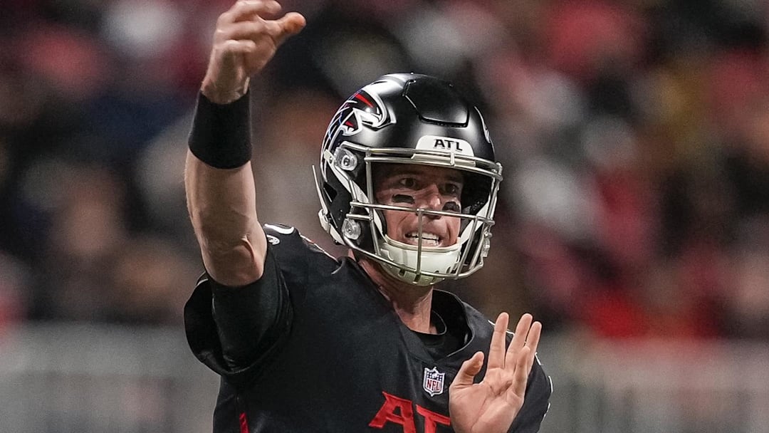 Jan 9, 2022; Atlanta, Georgia, USA; Atlanta Falcons quarterback Matt Ryan (2) passes against the New Orleans Saints during the first quarter at Mercedes-Benz Stadium. Mandatory Credit: Dale Zanine-Imagn Images