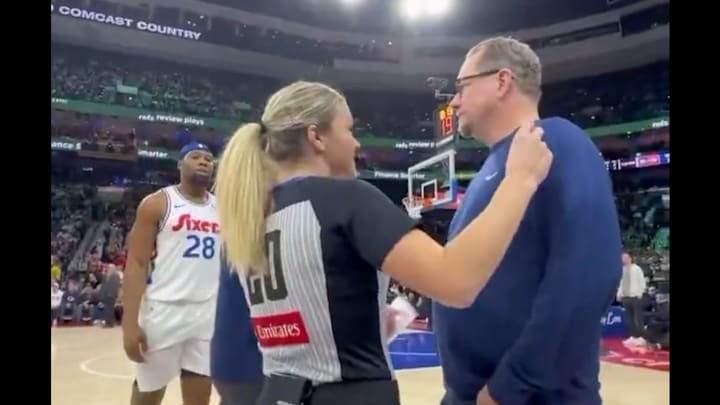 NBA referee Jenna Schroeder acknowledges a mistake to 76ers head coach Nick Nurse NBA referee Jenna Schroeder acknowledges a mistake to 76ers head coach Nick Nurse