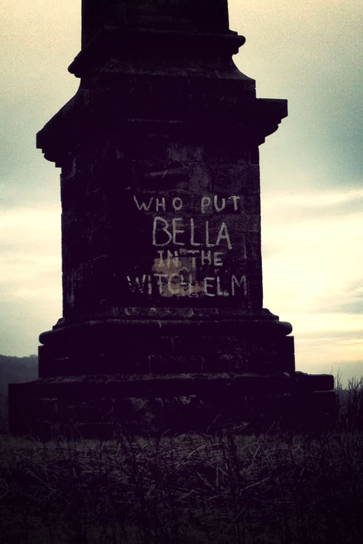 a pedestal with graffiti reading "who put bella in the witch elm" on it