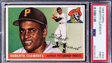 PSA 9 1955 Topps Roberto Clemente Rookie Baseball Card / Goldin / https://goldin.co/item/1955-topps-164-roberto-clemente-rookie-card-psa-mint-96848q