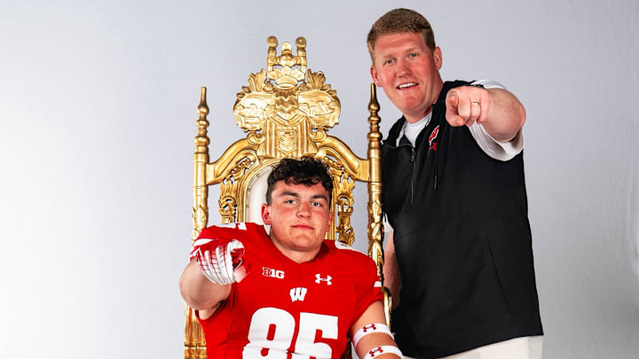 Wisconsin tight end commit Jack Sievers with assistant Nate Letton during his official visit to the Badgers the weekend of May 29-June 1. Wisconsin tight end commit Jack Sievers with assistant Nate Letton during his official visit to the Badgers the weekend of May 29-June 1.