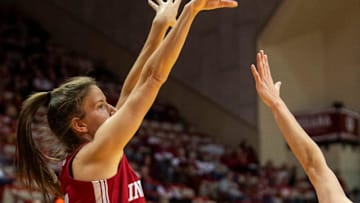 Indiana's Yarden Garzon (12) shoots during the Indiana versus Maine women's basketball game at Simon Skjodt Assembly Hall on Sunday, Dec. 1, 2024.