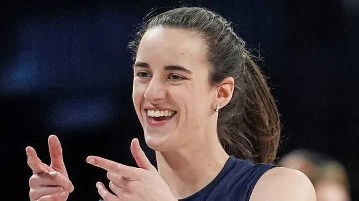 Indiana Fever guard Caitlin Clark (22) points Saturday, Sept. 26, 2026, during a practice ahead of Game 1 of the first round of the WNBA Playoffs at Michelob ULTRA Arena in Las Vegas.