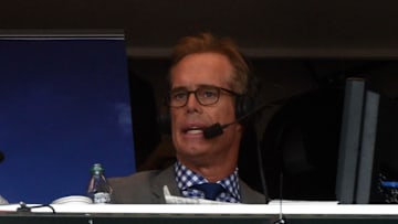 Oct 14, 2014; San Francisco, CA, USA; Fox Sports commentators Joe Buck and Harold Reynolds during the game between the San Francisco Giants and the St. Louis Cardinals in game three of the 2014 NLCS playoff baseball game at AT&T Park.