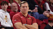 Dec 3, 2025; Ames, Iowa, USA; Iowa State Cyclones head coach T.J. Otzelberger watches his team play the Alcorn State Braves during the second half at James H. Hilton Coliseum.