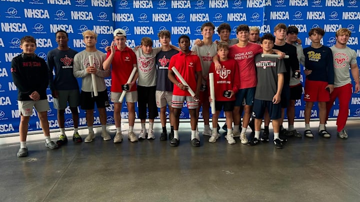 Lake Highland Prep's contingent of wrestling at the NHSCA championships posed together during a break in the competition.
