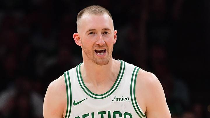 Apr 19, 2026; Boston, Massachusetts, USA; Boston Celtics forward Sam Hauser (30) reacts after making a three point basket in the second half during game one of the first round of the 2026 NBA Playoffs against the Philadelphia 76ers at TD Garden. Mandatory Credit: Bob DeChiara-Imagn Images