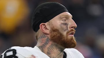 Nov 30, 2025; Inglewood, California, USA; Las Vegas Raiders defensive end Maxx Crosby (98) reacts during the second half at SoFi Stadium. Mandatory Credit: Kiyoshi Mio-Imagn Images