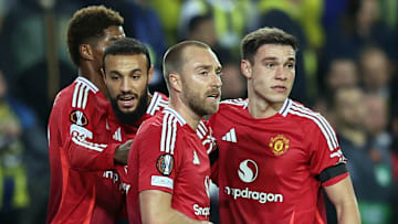 United's players celebrate Christian Eriksen's goal