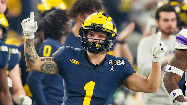 Michigan wide receiver Roman Wilson celebrates a play during the first quarter of the College Football Playoff national championship game against Washington at NRG Stadium in Houston, Texas on Monday, January 8, 2024.