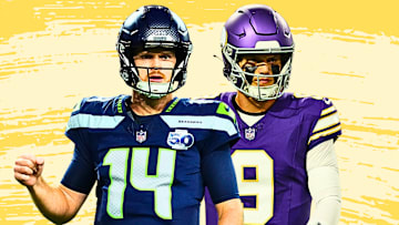 Seattle Seahawks QB Sam Darnold (L) and Minnesota Vikings QB J.J. McCarthy (R)