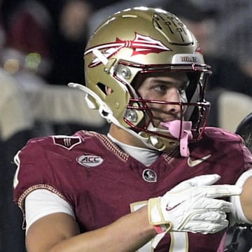 Nov 1, 2025; Tallahassee, Florida, USA; Florida State Seminoles wide receiver Duce Robinson (0) celebrates a pass catch during the second half against the Wake Forest Demon Deacons at Doak S. Campbell Stadium. Mandatory Credit: Melina Myers-Imagn Images