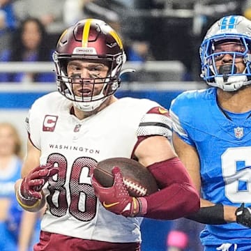 Washington Commanders tight end Zach Ertz (86) scores a touchdown against Detroit Lions safety Ifeatu Melifonwu (6) during the first half of the NFC divisional round at Ford Field in Detroit on Saturday, Jan. 18, 2025.
