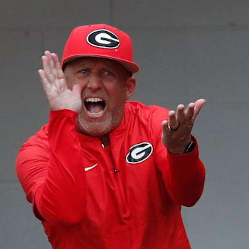 Georgia coach Wes Johnson gets animated during a NCAA Athens Regional baseball game against UNCW in Athens, Ga., on Saturday, June 1, 2024. Georgia won 11-2.