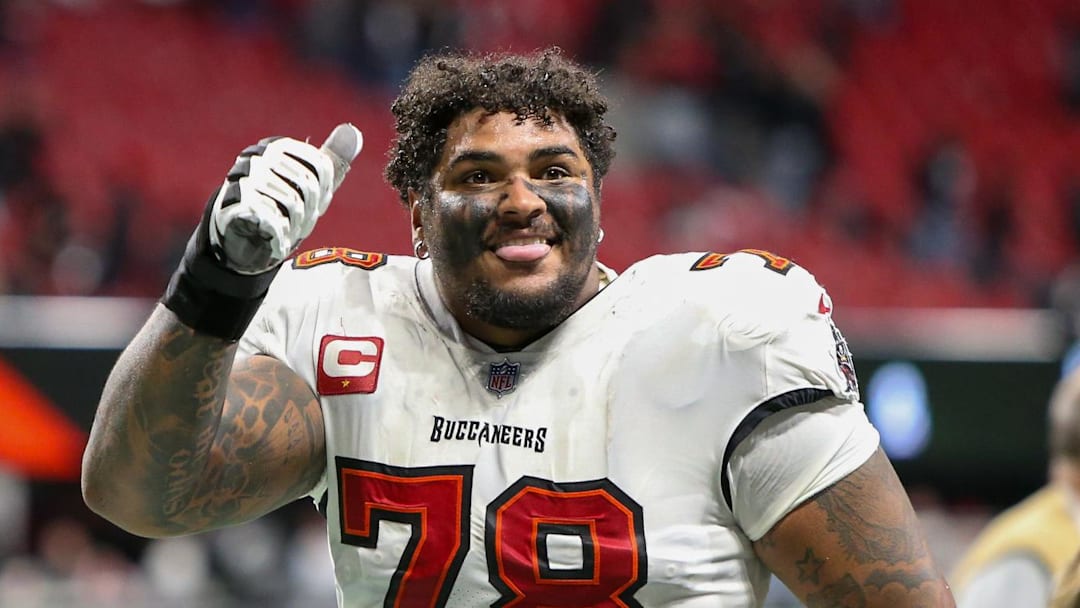 Tampa Bay Buccaneers offensive tackle Tristan Wirfs (78) celebrates after a victory against the Atlanta Falcons Tampa Bay Buccaneers offensive tackle Tristan Wirfs (78) celebrates after a victory against the Atlanta Falcons