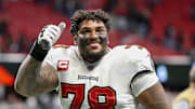Tampa Bay Buccaneers offensive tackle Tristan Wirfs (78) celebrates after a victory against the Atlanta Falcons 