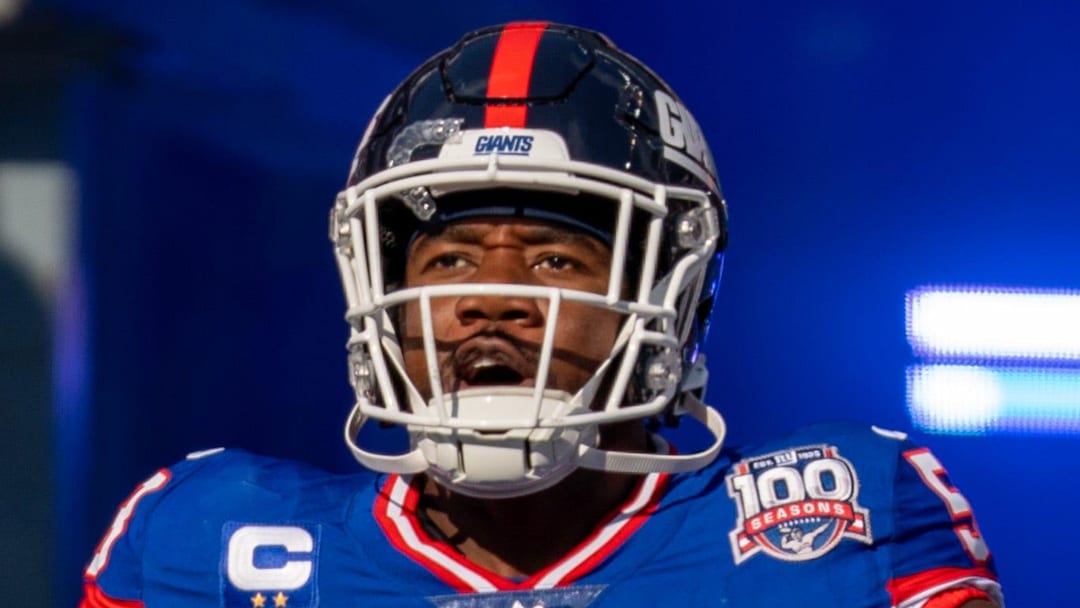 New York Giants linebacker Bobby Okereke (58) runs onto the field to start the game between the New York Giants and the Washington Commanders at MetLife Stadium in East Rutherford on Sunday, Nov. 3, 2024.