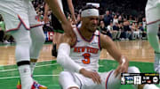 New York Knicks guard Josh Hart bleeds after taking an elbow to the face from Boston Celtics center Luke Kornet.