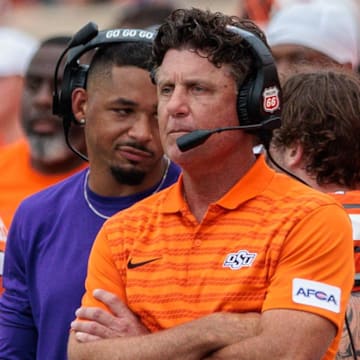 Oklahoma State Cowboys coach Mike Gundy on the sidelines during the fourth quarter against the South Dakota State Jackrabbits at Boone Pickens Stadium.