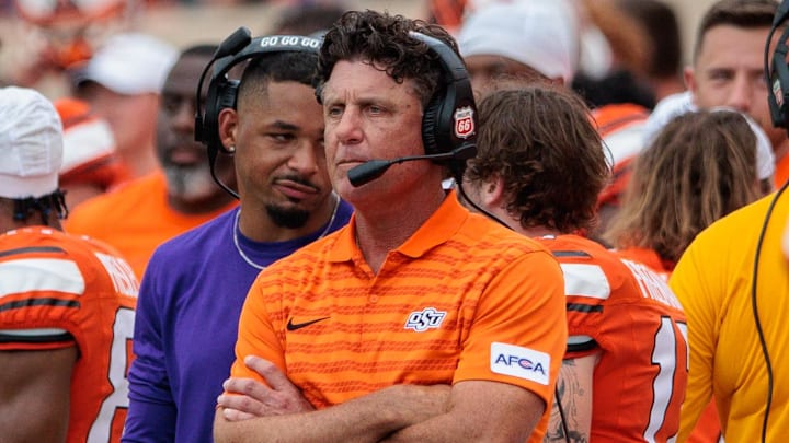 Oklahoma State Cowboys coach Mike Gundy on the sidelines during the fourth quarter against the South Dakota State Jackrabbits at Boone Pickens Stadium.