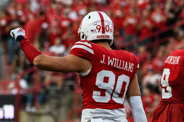 Nebraska deensive lineman James Williams (90) celebrates a stop near the end zone against Rutgers.