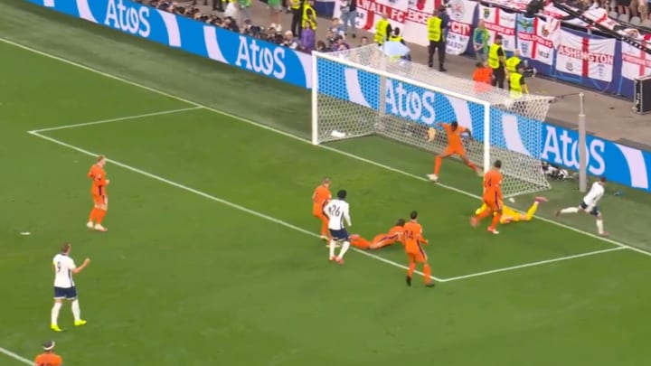 Phil Foden nearly scored a goal, but a Netherlands defender stepped in to stop the shot.