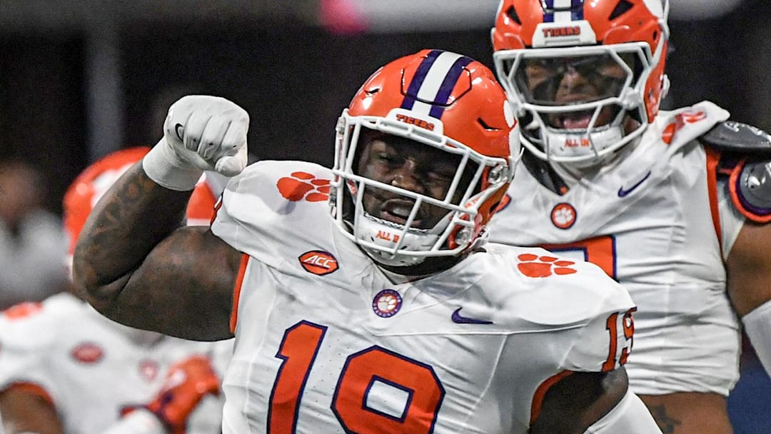 Aug 31, 2024; Atlanta, Georgia, USA; Clemson Tigers defensive lineman DeMonte Capehart (19) reacts after tackling Georgia Bulldogs running back Branson Robinson