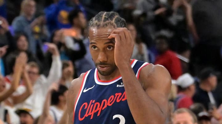 Apr 15, 2026; Inglewood, California, USA; Los Angeles Clippers forward Kawhi Leonard (2) leaves the court after being defeated by the Golden State Warriors during the play-in rounds of the 2026 NBA Playoffs at Intuit Dome. Mandatory Credit: Jayne Kamin-Oncea-Imagn Images