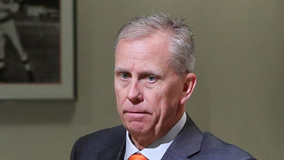 Cleveland Browns head coach Todd Monken chats with reporters after his introductory press conference.
