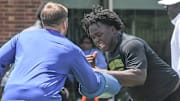 Makhi Williams-Lee of Lakeside High in Atlanta, Class of 2025, participates in a defensive line drill during the 2024 Dabo Swinney Football Camp in Clemson in Clemson, S.C. Tuesday, June 4, 2024.