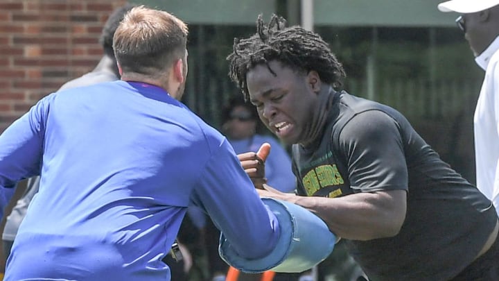 Makhi Williams-Lee of Lakeside High in Atlanta, Class of 2025, participates in a defensive line drill during the 2024 Dabo Swinney Football Camp in Clemson in Clemson, S.C. Tuesday, June 4, 2024.