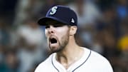 Seattle Mariners pitcher Matt Brash celebrates after getting out of an inning against the San Diego Padres on Aug. 25 at T-Mobile Park.