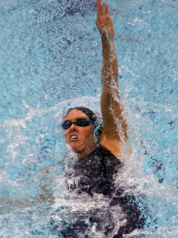 Former Paralympic swimmer Trischa Zorn competes in the backstroke. 