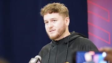 Texas quarterback Quinn Ewers speaks to the media at the 2025 NFL combine.