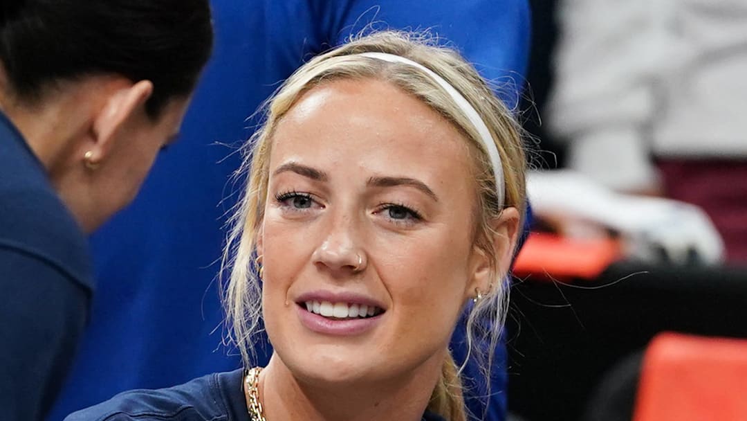 Indiana Fever guard Sophie Cunningham (8) on the sidelines on July 15, 2025.