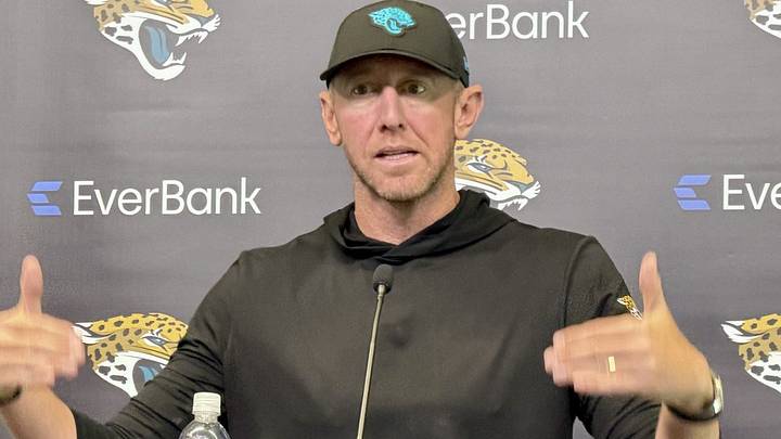 Jacksonville Jaguars coach Liam Coen gestures during his news conference on Sept. 2 at the Miller Electric Center.