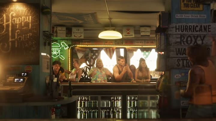 A bar scene in GTA 6 with Lucia and Jason ordering drinks. 