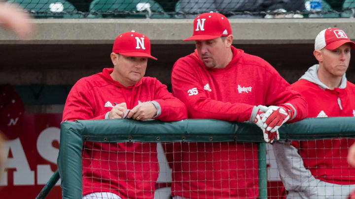 Nebraska baseball coach Will Bolt (left) with assistant Jeff Christy (right) during a game for the Huskers.