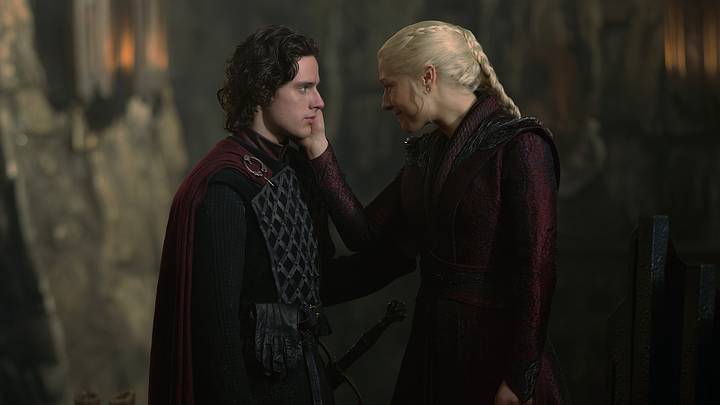 Harry Collett (Jacaerys Velaryon) and Emma D'Arcy (Rhaenyra Targaryen) in House of the Dragon season 3. 