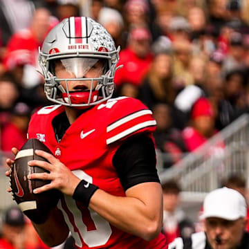 Ohio State Buckeyes quarterback Julian Sayin (10) looks to make a pass in the first half at Ohio Stadium on Saturday, Nov. 1, 2025 in Columbus, Ohio.