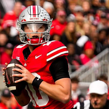 Ohio State Buckeyes quarterback Julian Sayin (10) looks to make a pass in the first half at Ohio Stadium on Saturday, Nov. 1, 2025 in Columbus, Ohio.
