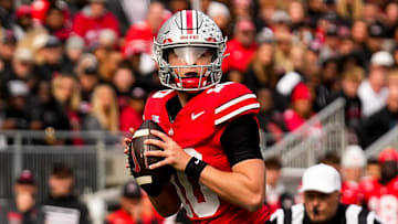 Ohio State Buckeyes quarterback Julian Sayin (10) looks to make a pass in the first half at Ohio Stadium on Saturday, Nov. 1, 2025 in Columbus, Ohio.