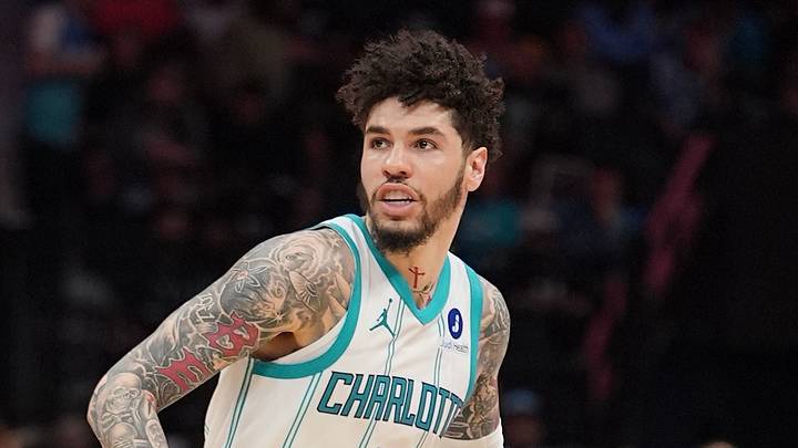 Apr 14, 2026; Charlotte, North Carolina, USA; Charlotte Hornets guard LaMelo Ball (1) moves the ball during the second half during the play-in rounds between the Charlotte Hornets and the Miami Heat of the 2026 NBA Playoffs at Spectrum Center. Mandatory Credit: Jim Dedmon-Imagn Images