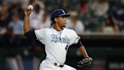 Hooks pitcher Miguel Ullola throws a pitch on Opening Night at Whataburger Field on Friday, April 5, 2024, in Corpus Christi, Texas.