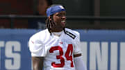 Jul 23, 2025; East Rutherford, NJ, USA; New York Giants safety K'Von Wallace (34) looks on during training camp at Quest Diagnostics Training Center. Mandatory Credit: Vincent Carchietta-Imagn Images 