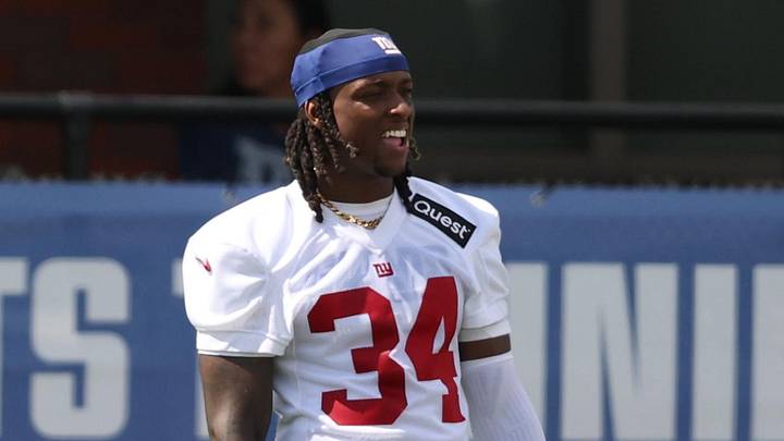 Jul 23, 2025; East Rutherford, NJ, USA; New York Giants safety K'Von Wallace (34) looks on during training camp at Quest Diagnostics Training Center. Mandatory Credit: Vincent Carchietta-Imagn Images