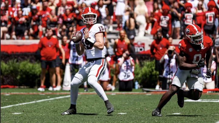 Georgia quarterback Carson Beck during Georgia’s annual G-Day scrimmage on Dooley Field at Sanford Stadium in Athens, Ga., on Saturday, April 13, 2024. (Cassie Baker/UGAAA)