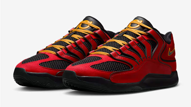 Kevin Durant's red and black Nike sneakers.