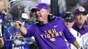 Oct 25, 2025; Baton Rouge, Louisiana, USA; Louisiana State Tigers head coach Brian Kelly during the first half against the Texas A&M Aggies at Tiger Stadium. Mandatory Credit: Stephen Lew-Imagn Images