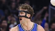 Orlando Magic forward Franz Wagner reacts after a basket against the Miami Heat.